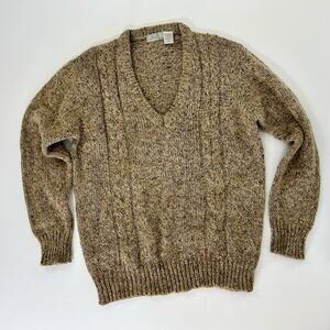Vintage Wool Blend Sweater Medium Women V Neck Brown Marled Yarn Cable Preppy